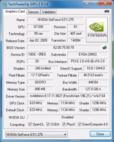 EVGA gtx275 Coop Physx Gpuz 275
