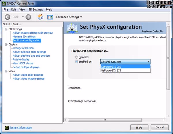 EVGA gtx275 Coop Physx Settings