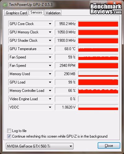 MSI N560GTX Ti Hawk GPU Z Sensors Load