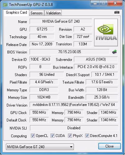 ASUS engt240 gddr3 Specs